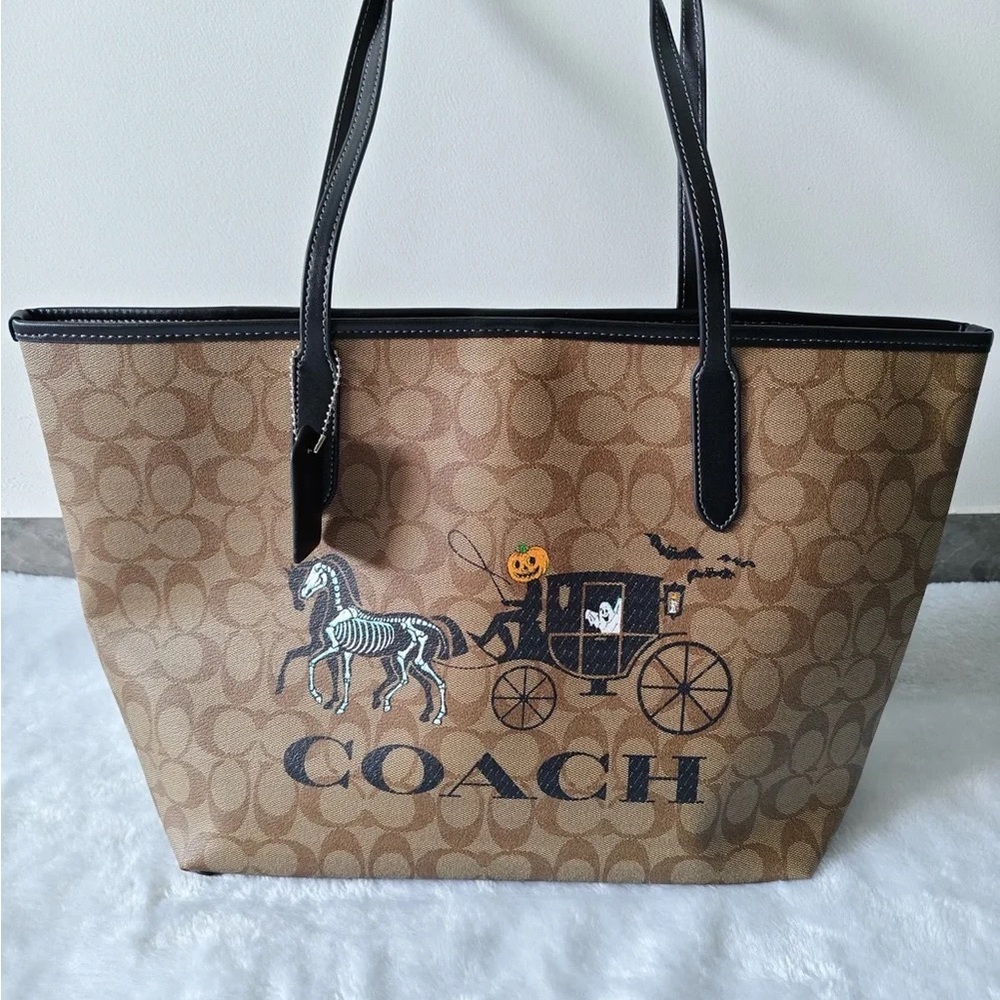 COACH Brown Signature Canvas Tote with Halloween Horse & Carriage Graphic